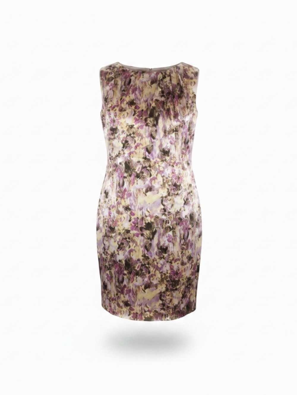 Tahari 12 100% silk tan‎ pink floral flutter neckline sleeveless sheath dress